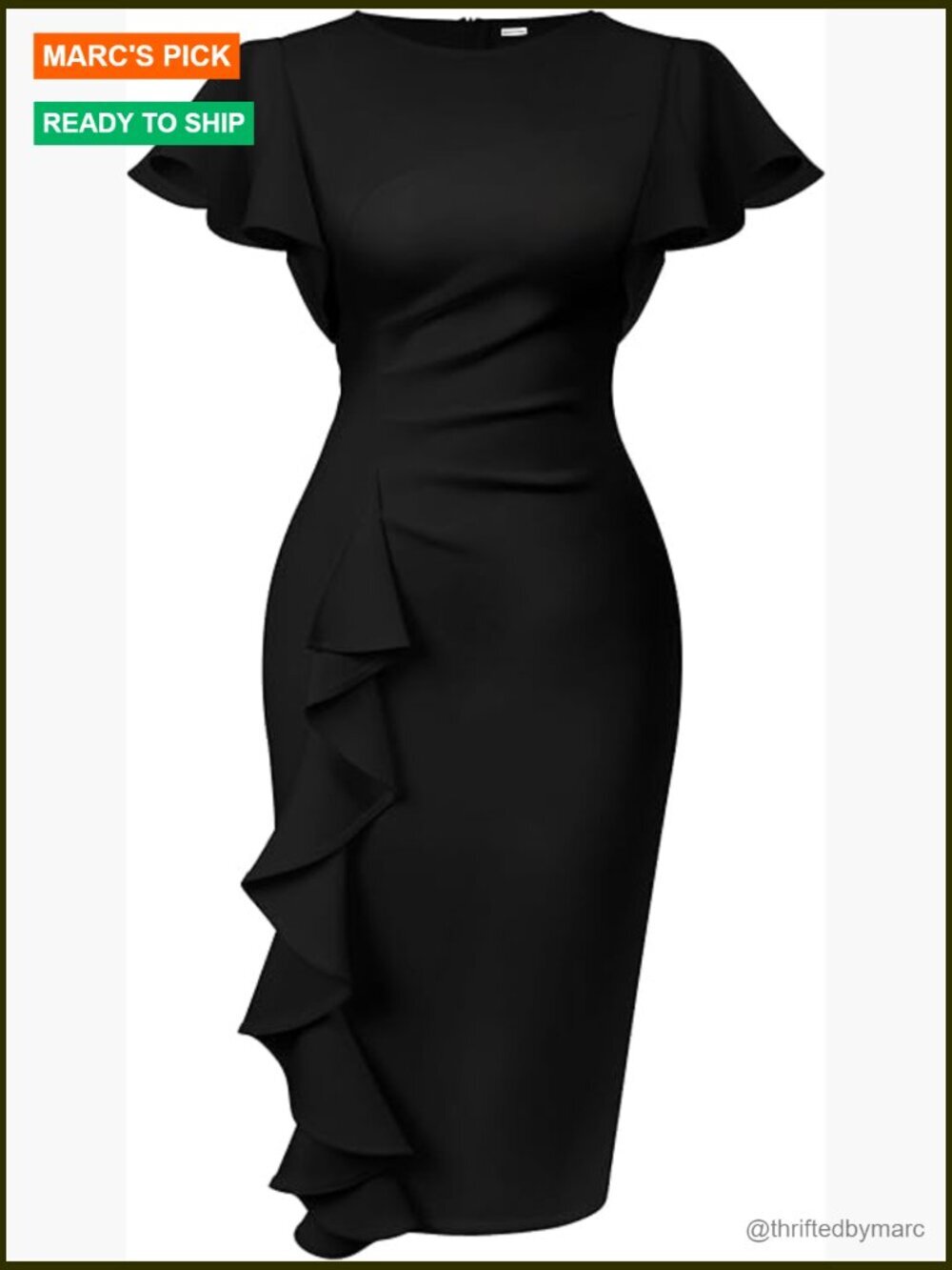 Vintage Church Ruffle Sleeve Ruched Bodycon Midi Pencil Dress